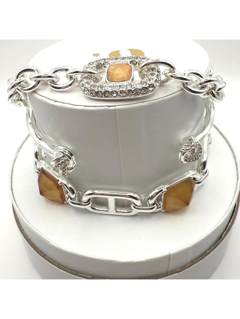 Silver Link Bracelet with Amber Gem Accents